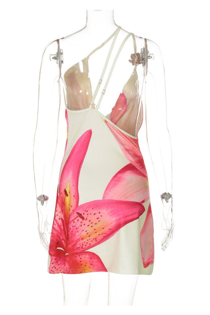 Floral Cowl Neck One-shoulder Mini Dress