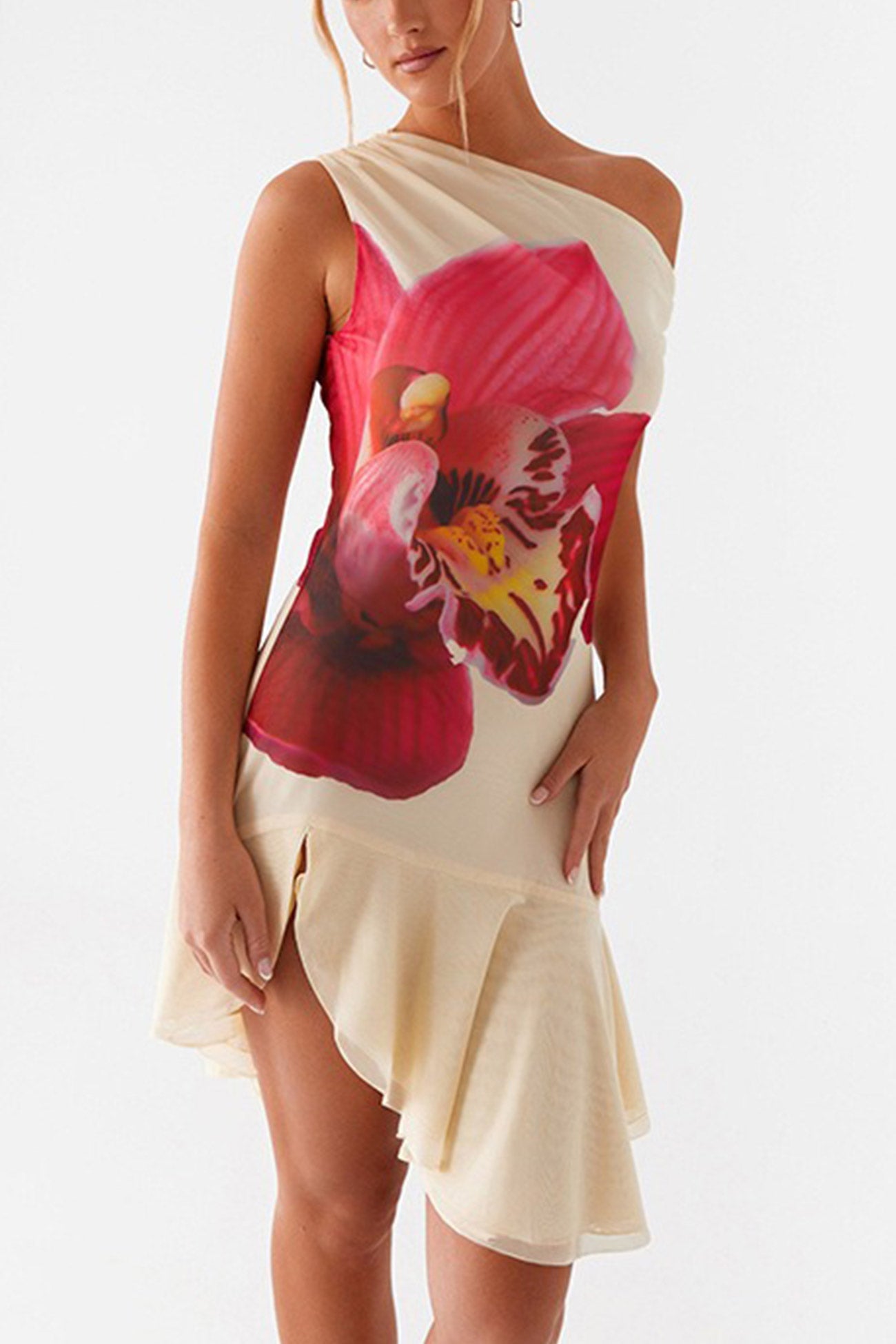 Floral Slop Shoulder Ruffle Mini Dress
