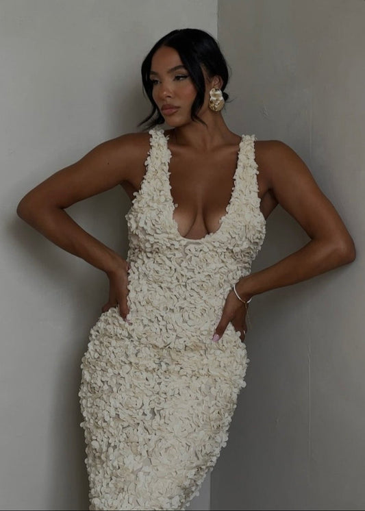 Ivory Petals - TextuRed Plunge Maxi Dress
