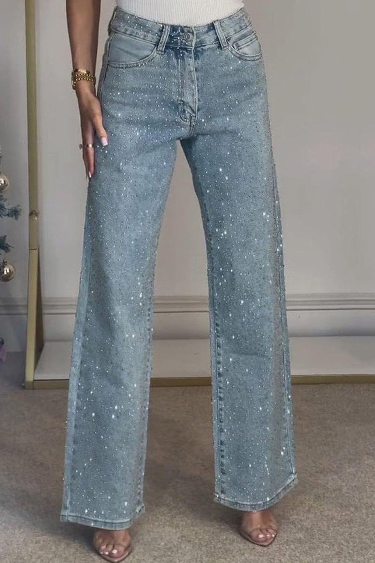 Rhinestone High Rise Straight Jeans