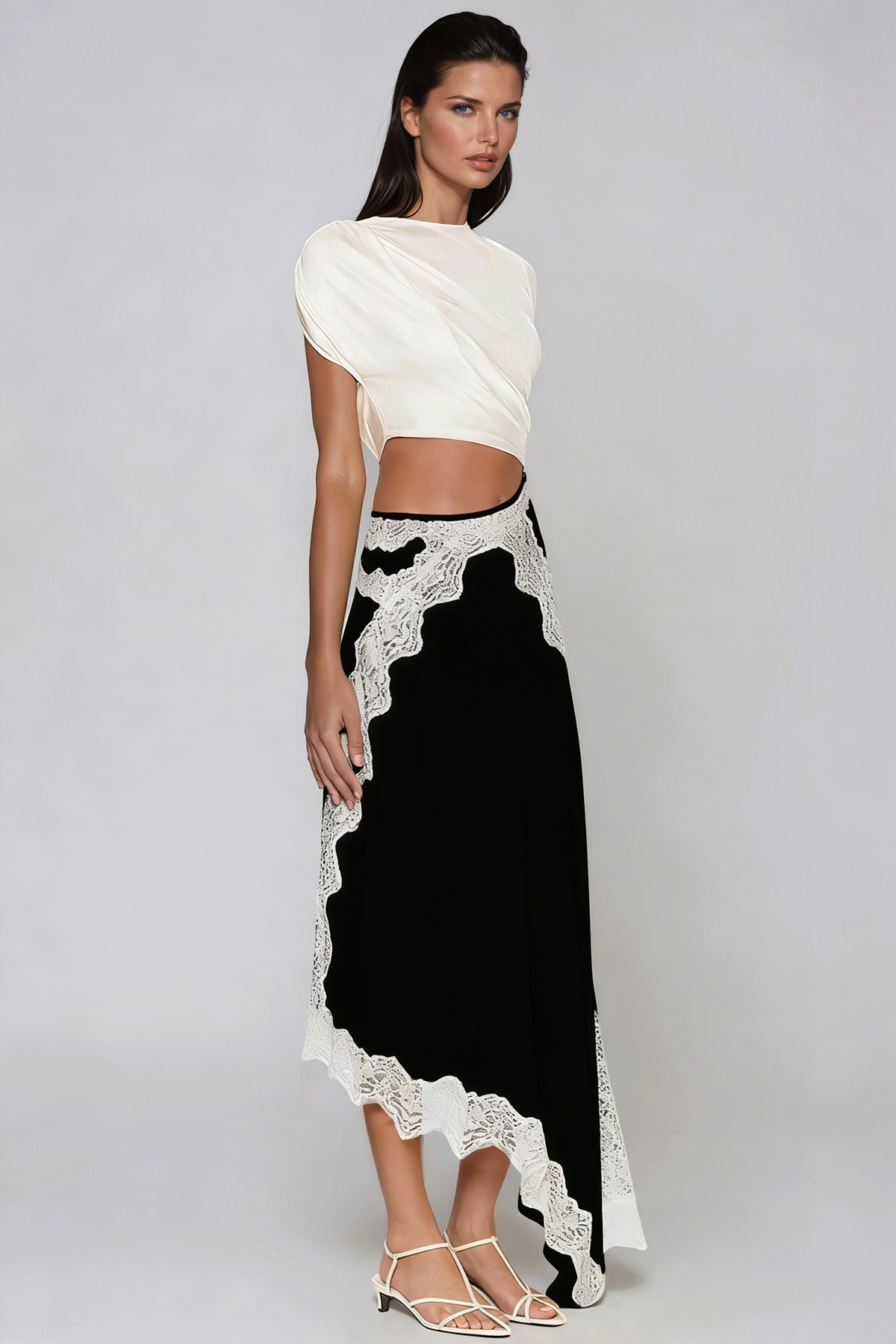 Bess Asymmetric Lace Satin Maxi Dress In Black