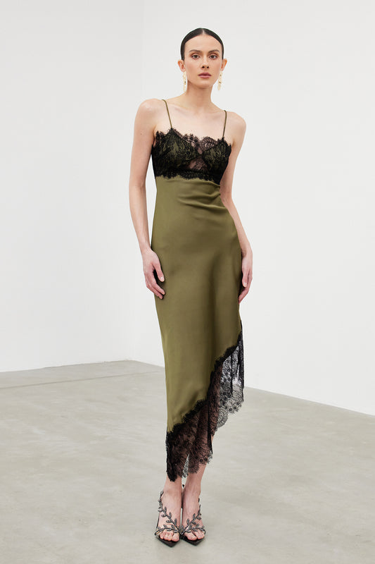 Bess Spaghetti Lace Asymmetric Midi Dress