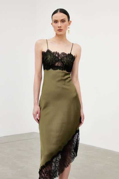 Bess Spaghetti Lace Asymmetric Midi Dress
