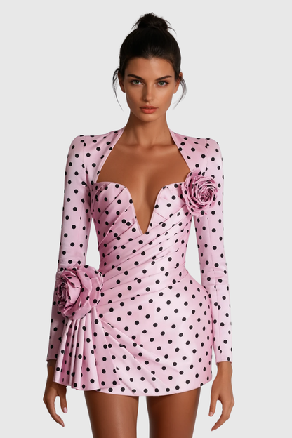 Biaggio Dot Flower Ruch Mini Dress In Pink