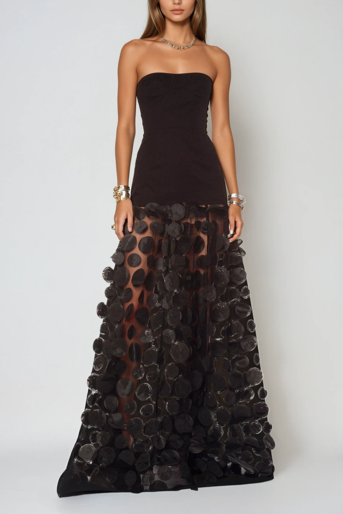 Boryana Dot Strapless Maxi Dress In Black