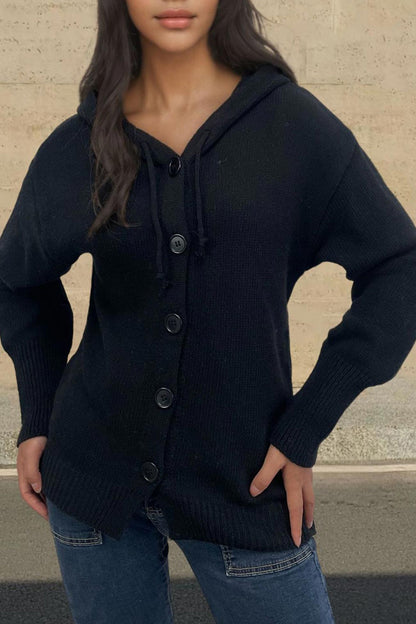Button-down Knit Hooded Cardigan