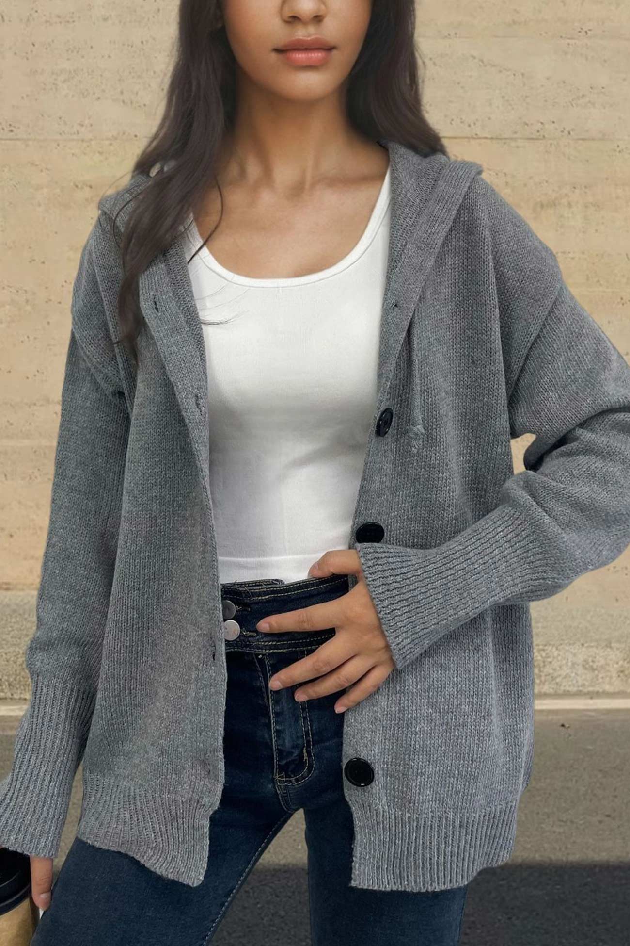 Button-down Knit Hooded Cardigan