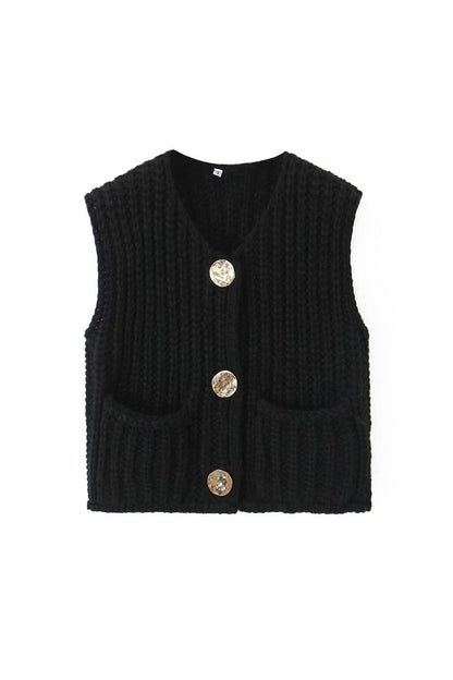 Button Front Sleeveless Pocket Knit Cardigan