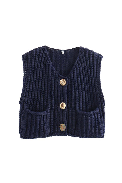 Button Front Sleeveless Pocket Knit Cardigan