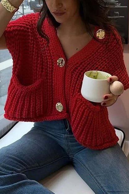 Button Front Sleeveless Pocket Knit Cardigan