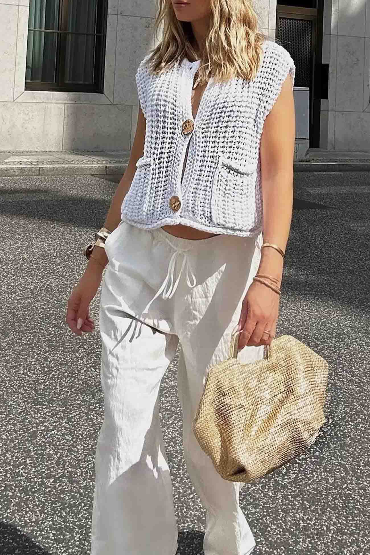Button Front Sleeveless Pocket Knit Cardigan