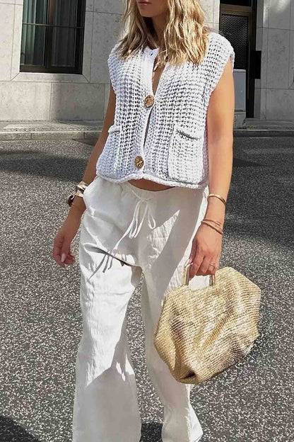 Button Front Sleeveless Pocket Knit Cardigan