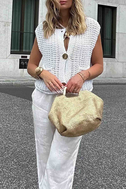 Button Front Sleeveless Pocket Knit Cardigan