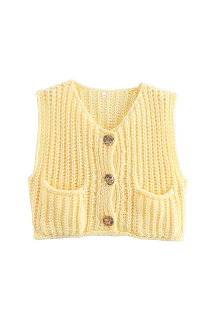 Button Front Sleeveless Pocket Knit Cardigan