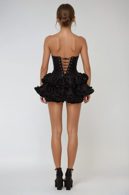 Daxton Strapless Corset Puffy Mini Dress In Black