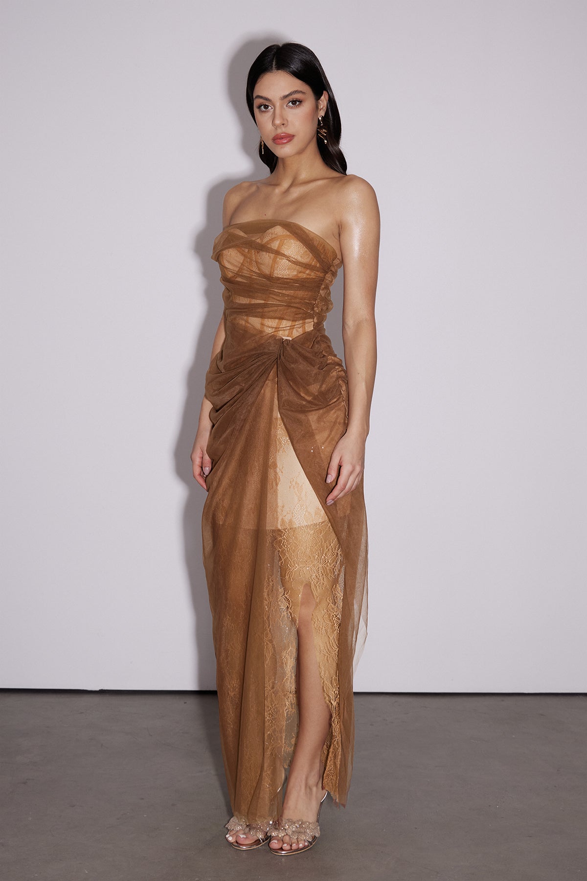 Dechen One Shoulder Corset Mesh Maxi Dress In Brown