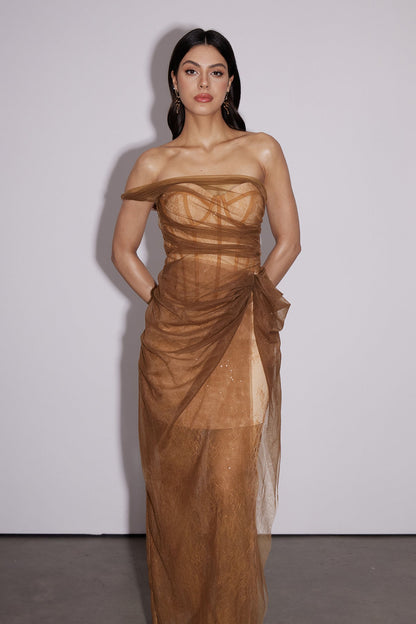 Dechen One Shoulder Corset Mesh Maxi Dress In Brown