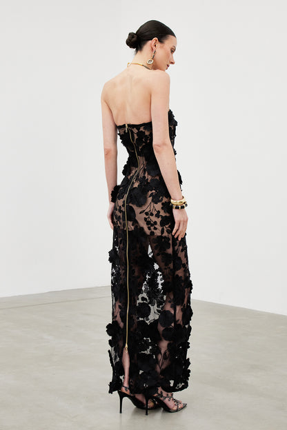 Denica Strapless Flower Maxi Dress In Black