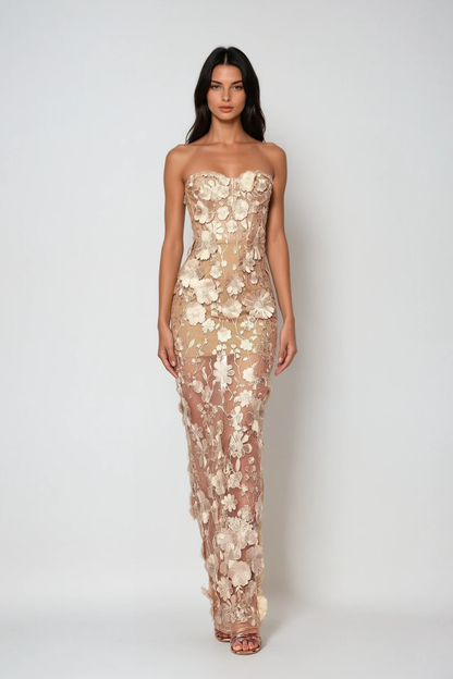 Denica Strapless Flower Maxi Dress