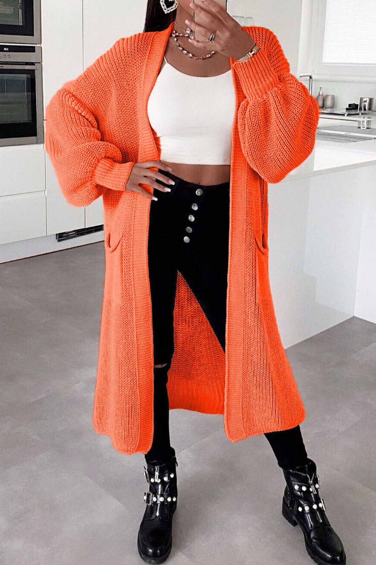 Drop Shoulder Lantern Sleeve Pocket Long Cardigan