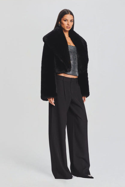 Maud Cropped Shawl Collar Faux Fur Jacket