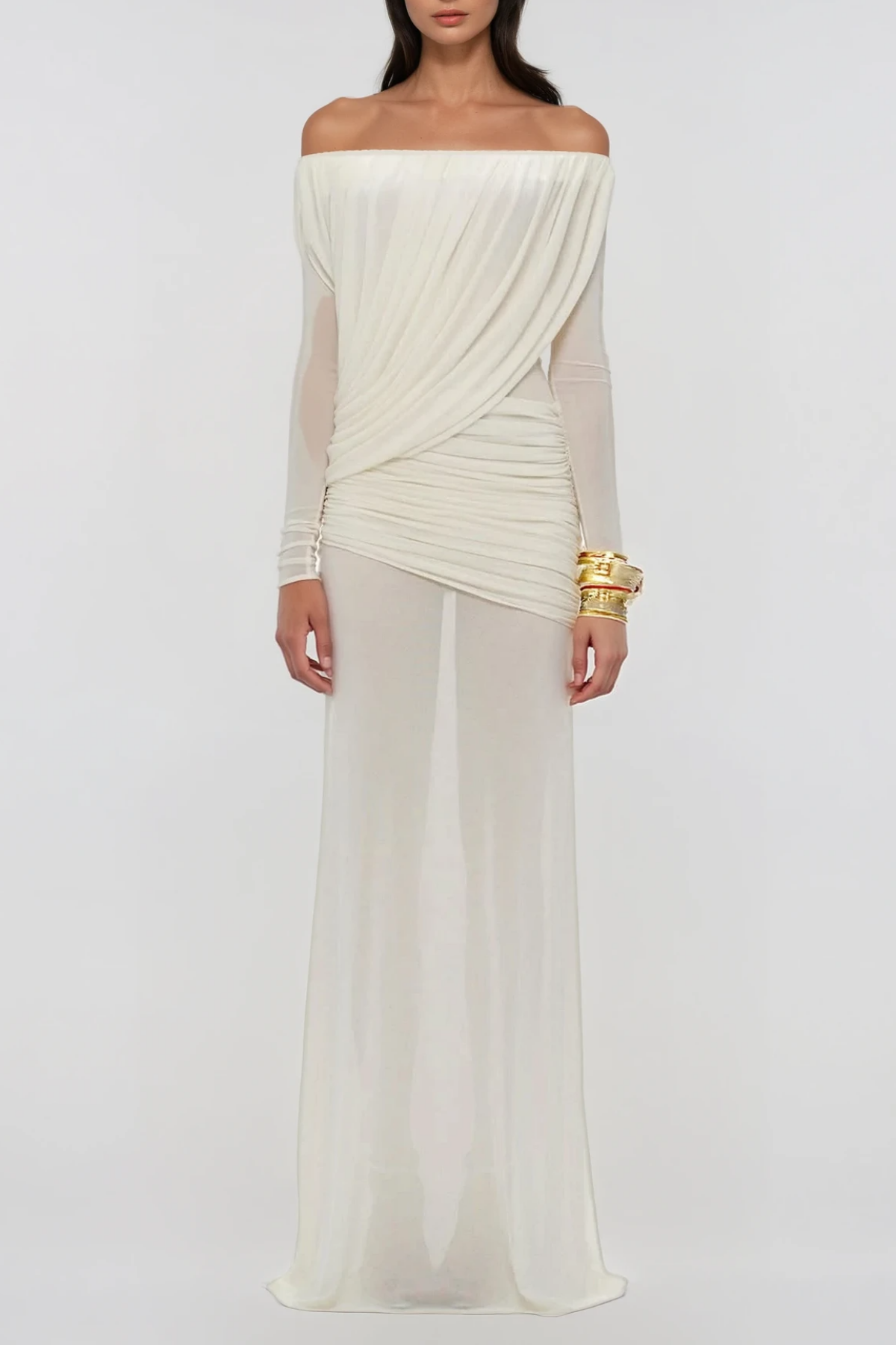 Fern Off Shoulder Ruch Mesh Maxi Dress In White