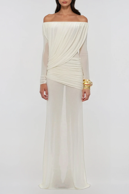 Fern Off Shoulder Ruch Mesh Maxi Dress In White