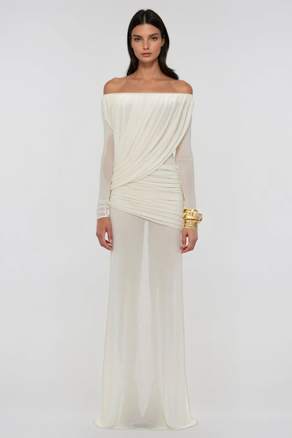 Fern Off Shoulder Ruch Mesh Maxi Dress In White