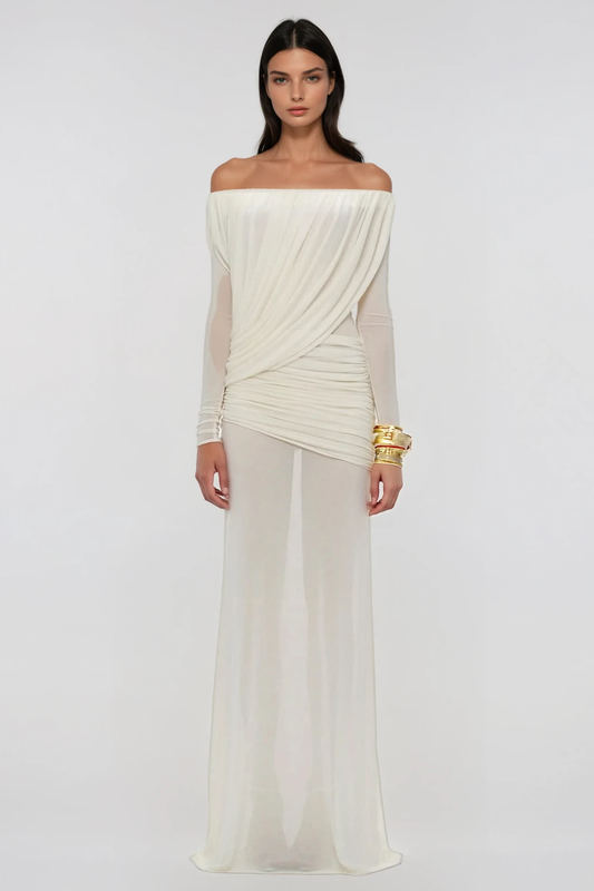 Fern Off Shoulder Ruch Mesh Maxi Dress In White