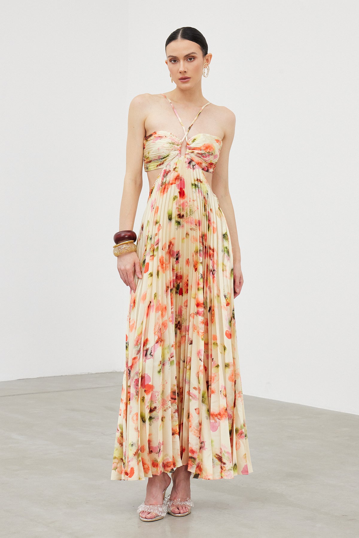 Ianuarius Halter Neck Ruch Print Maxi Dress