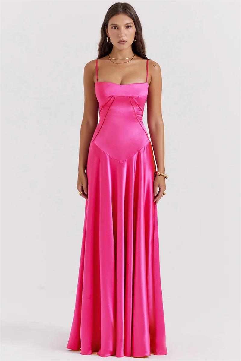 Satin Solid Lace Up Maxi Dress Fuchsia  Wiwor