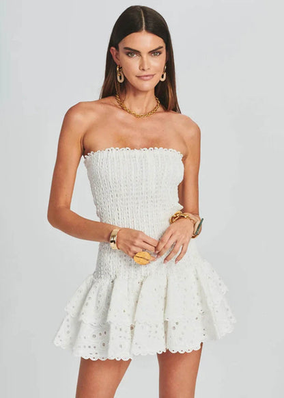 Zaria Strapless Ruffle Mini Dress Smocked Yellow Eyelet