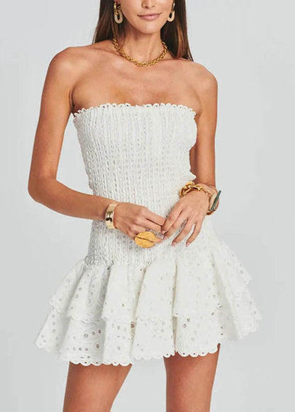 Zaria Strapless Ruffle Mini Dress Smocked Yellow Eyelet