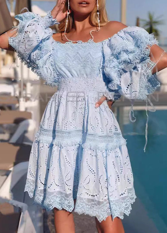 Seraphina Broderie Puff-Sleeve Dress Blue Smocked A-Line Mini