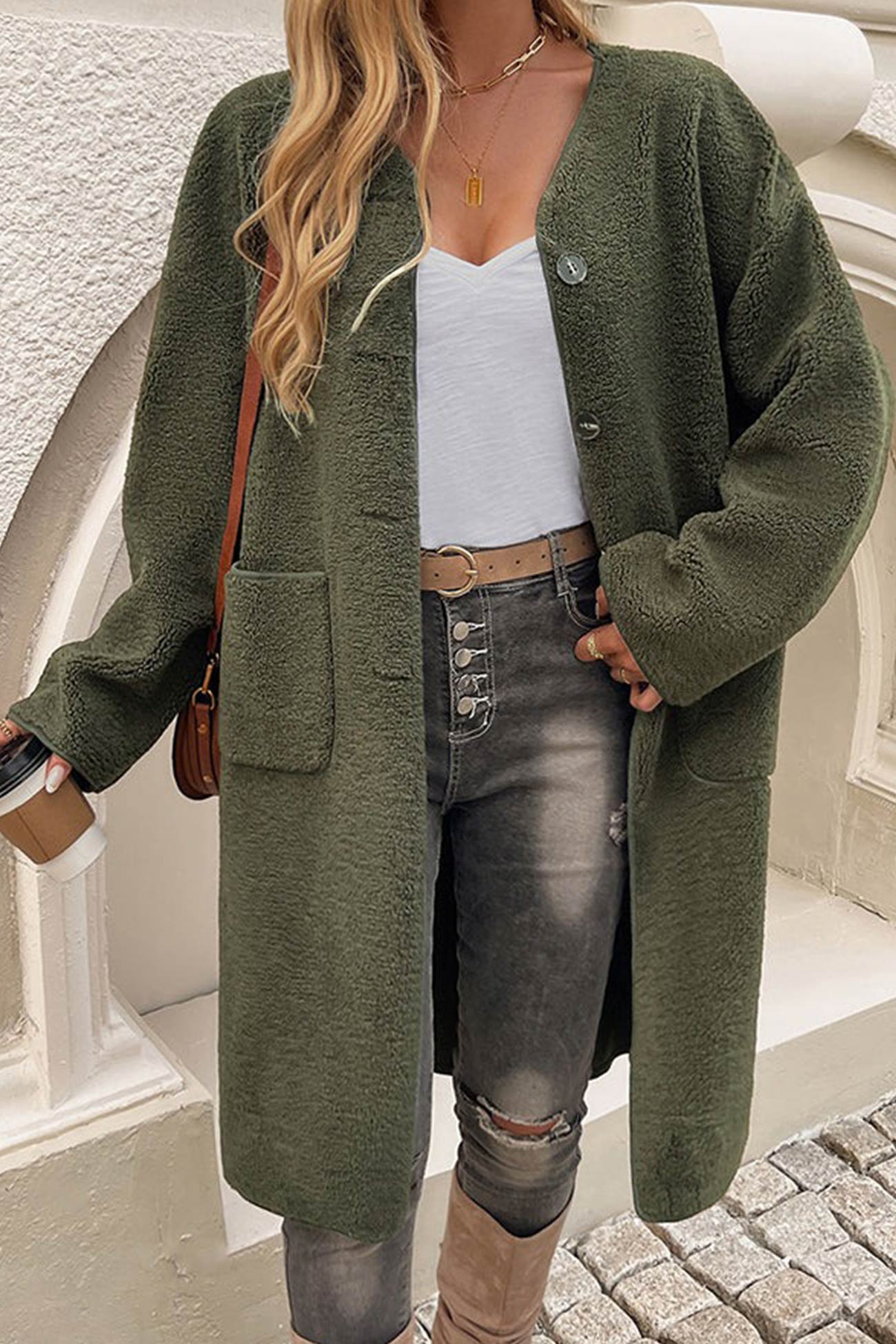 Plush Single-breasted Slit Cardigan