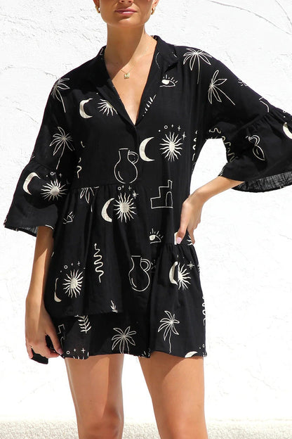 Printed Flares Sleeve Ruched Mini Dress