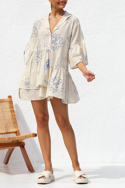 Printed Flares Sleeve Ruched Mini Dress