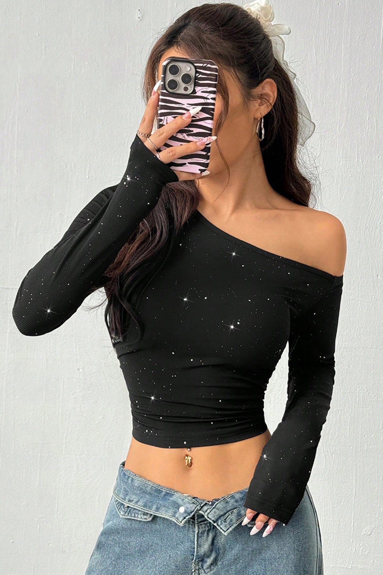 Rhinestone Off The Shoulder Knit Top
