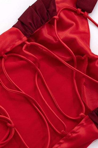 Satin Contrast Color Tie-up Cami Dress