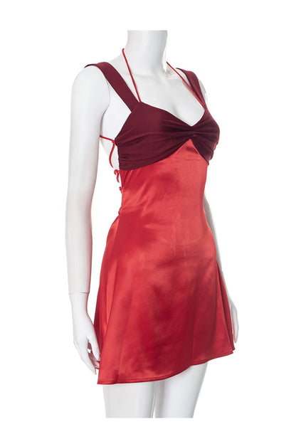 Satin Contrast Color Tie-up Cami Dress
