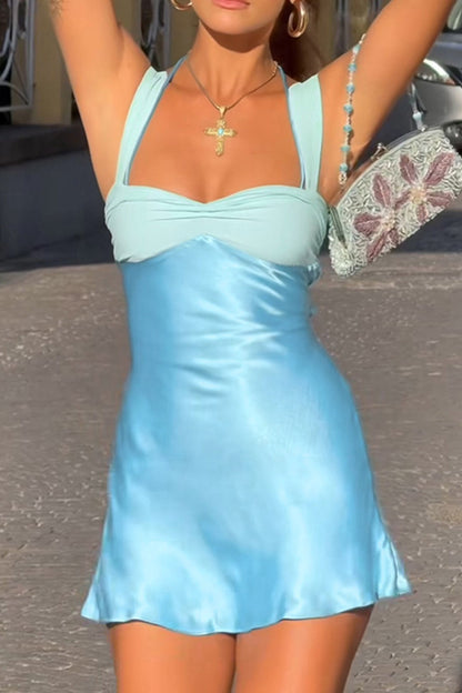 Satin Contrast Color Tie-up Cami Dress