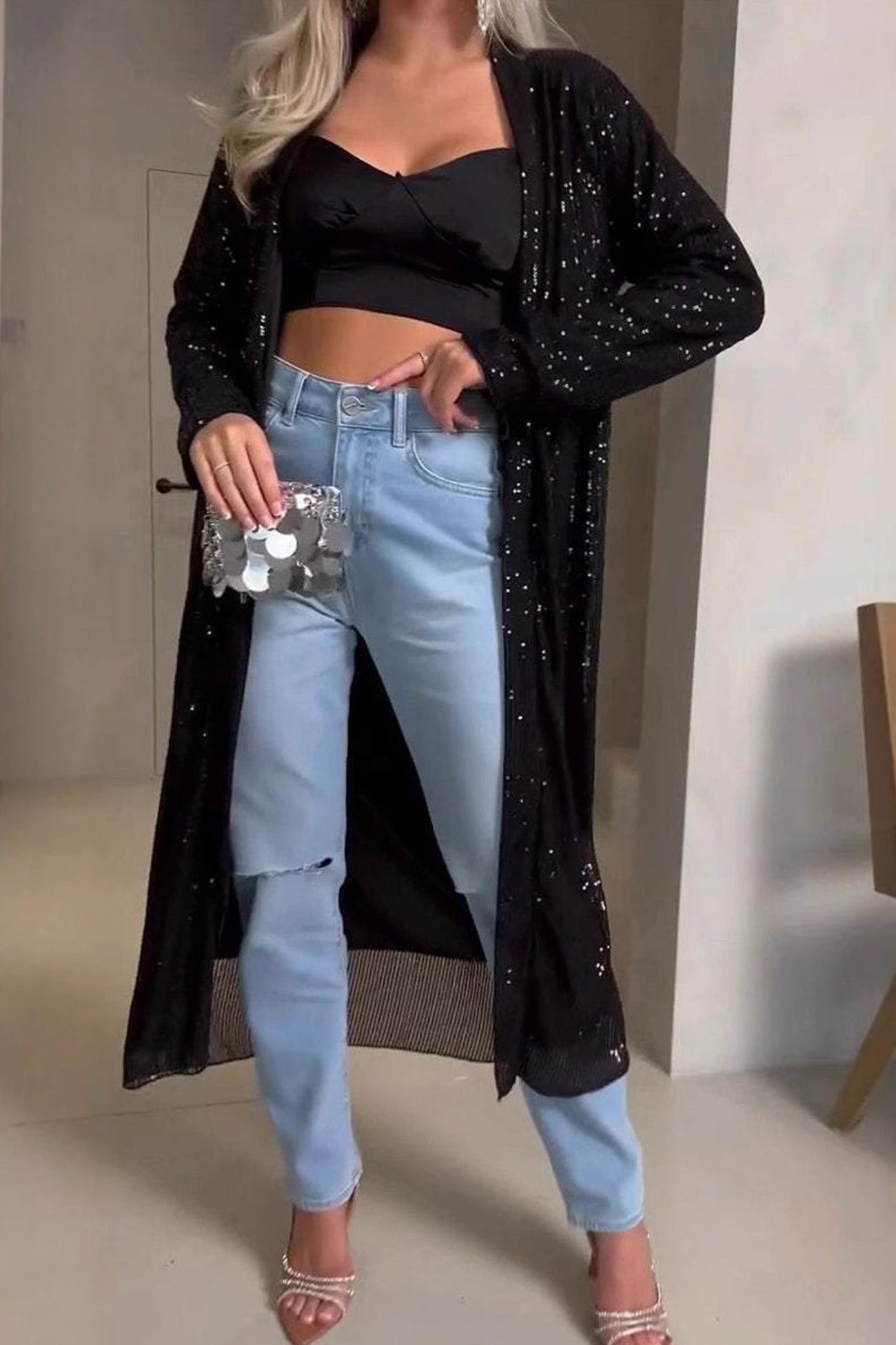 Sequin Long Sleeve Long Cardigan