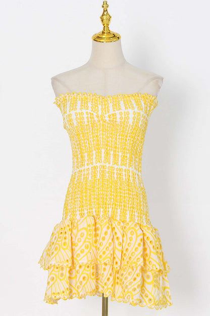 Shirred Off-The-Shoulder Embroidery Tiered Dress
