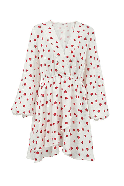 Strawberry Print Puff Sleeve Cotton Dress