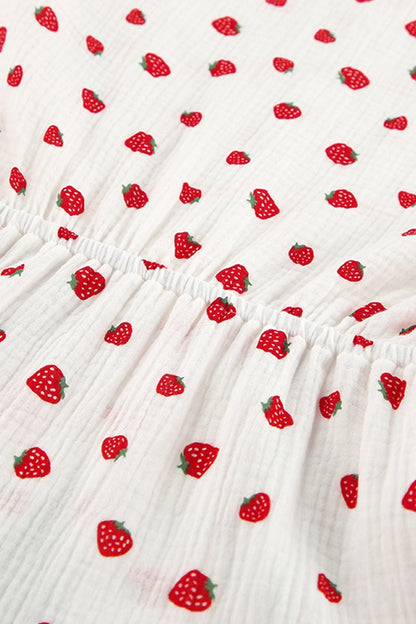 Strawberry Print Puff Sleeve Cotton Dress