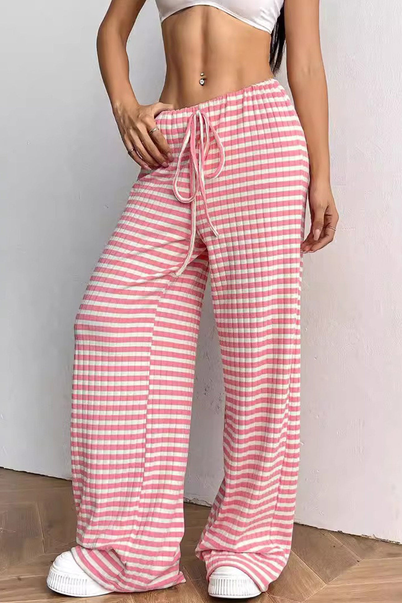 Striped Drawstring Waist Cotton Long Pants