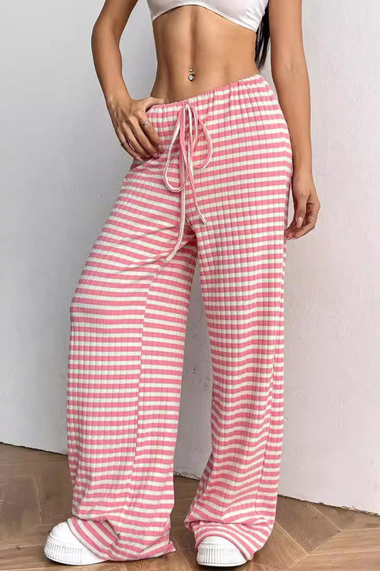 Striped Drawstring Waist Cotton Long Pants