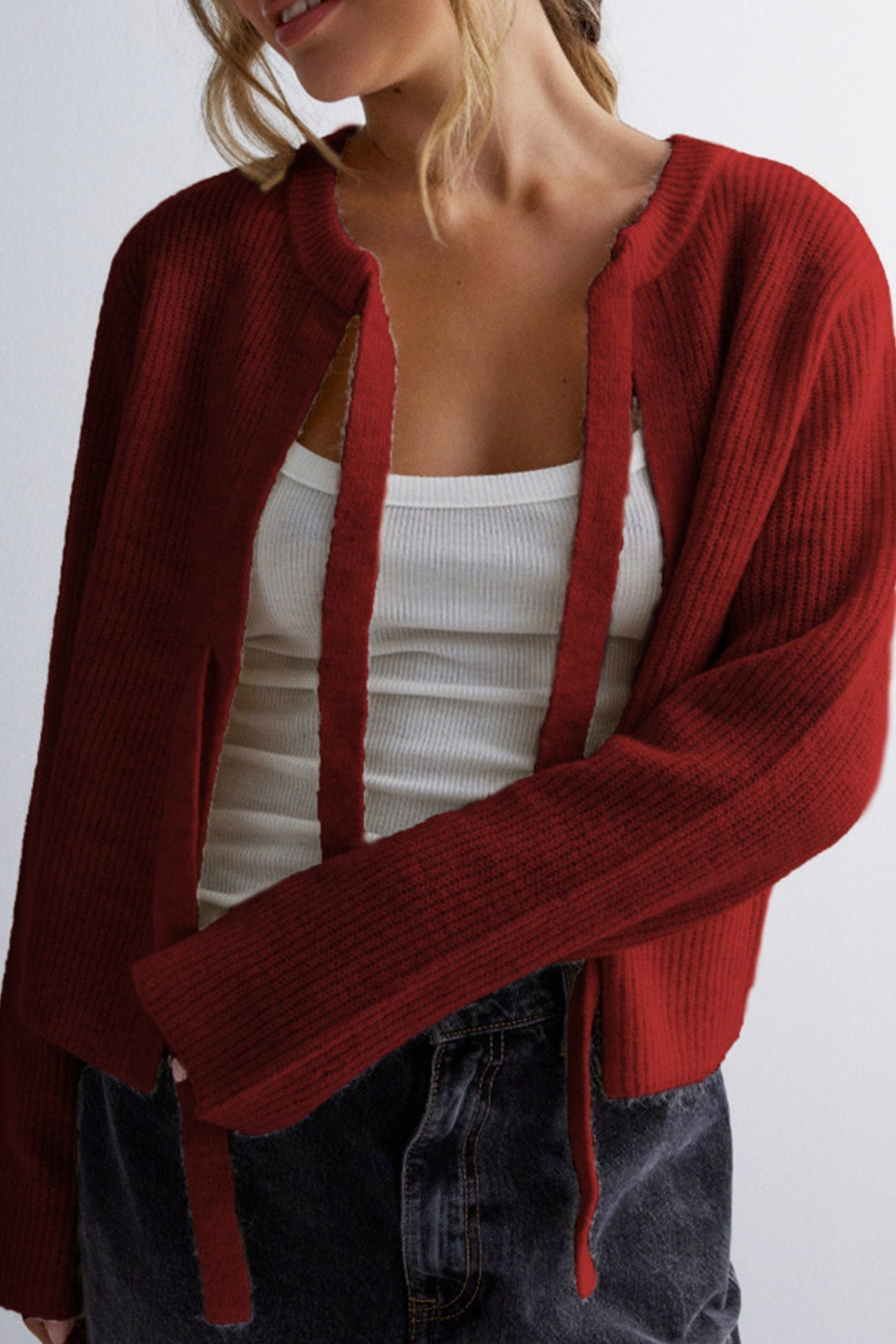 Tie-up Ribbed Knit Short Cardigan