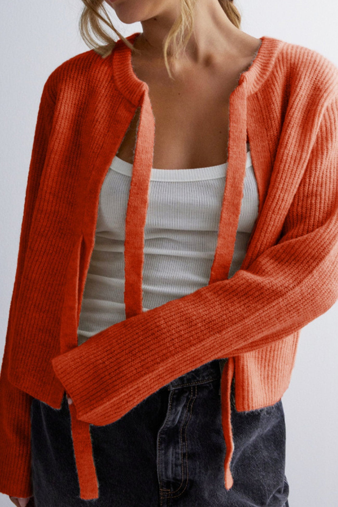 Tie-up Ribbed Knit Short Cardigan