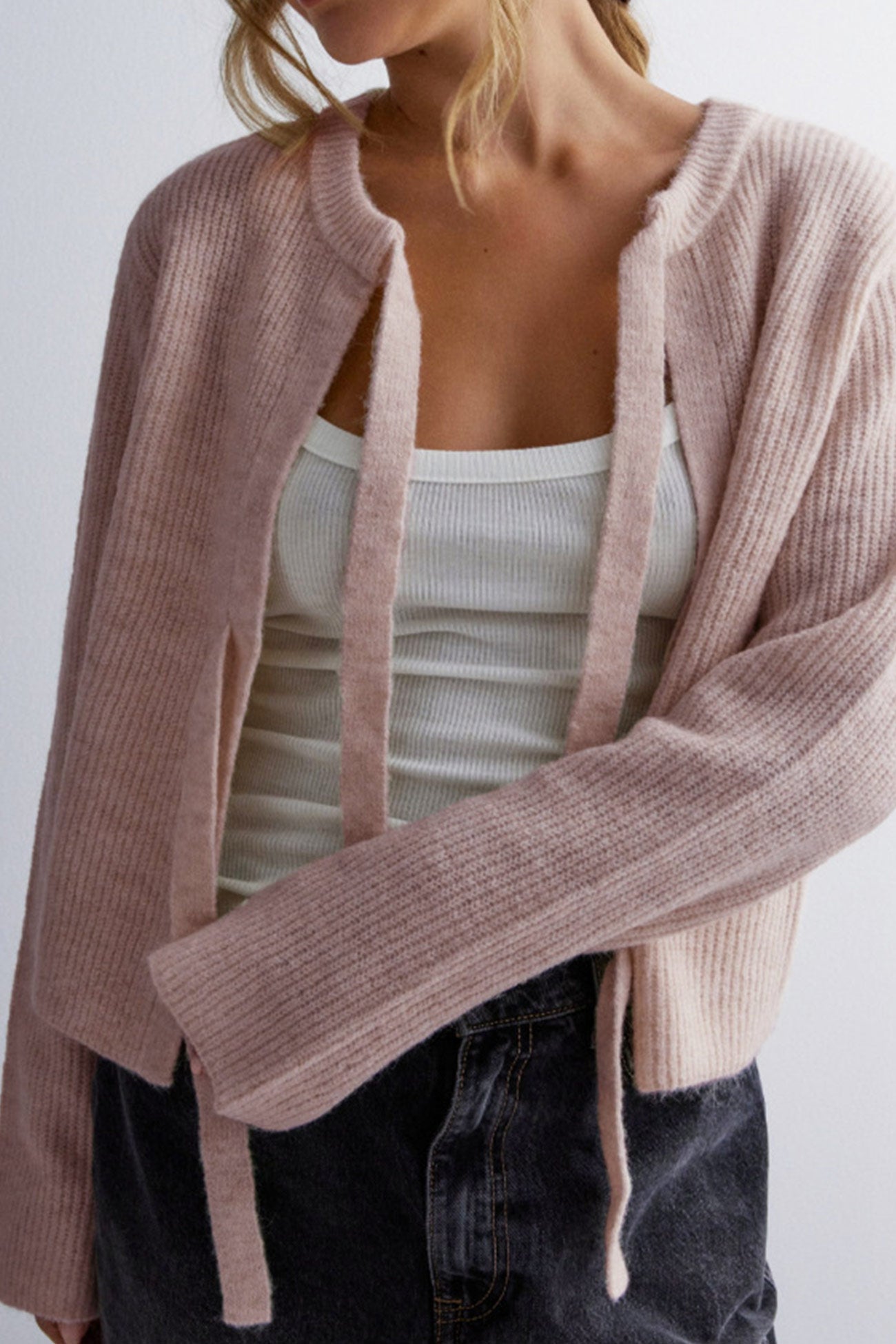 Tie-up Ribbed Knit Short Cardigan